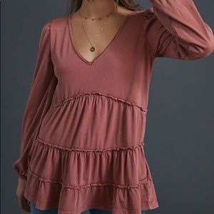 Anthropologie Blythe Tiered Pink Brown Babydoll Top Bohemian Western Ruf…